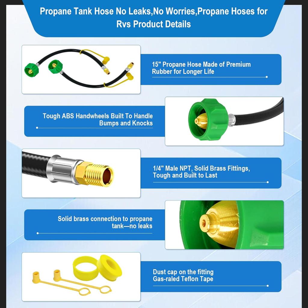 2 Pack 15" RV Propane Hose With 1/4" Male NPT & Qcc1/Typel,Propane Hose-Camper Propane Hose For RV Two-Stage Regulator-Dual LP Tank,Propane Tank Hose