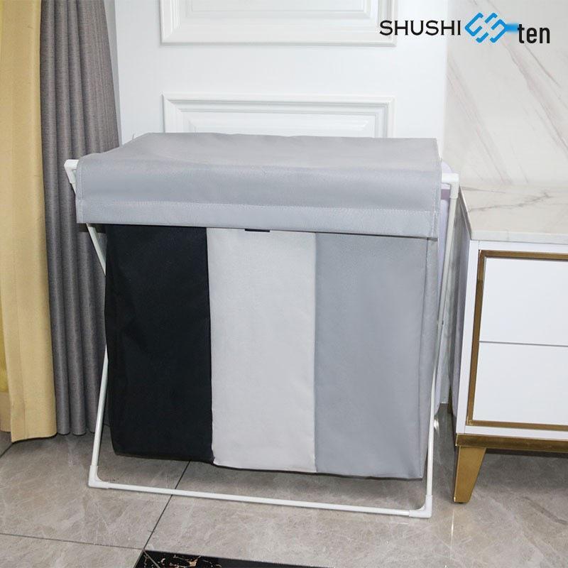 Three-Compartment Foldable Moisture-Proof Oxford Cloth Laundry Basket with Lid