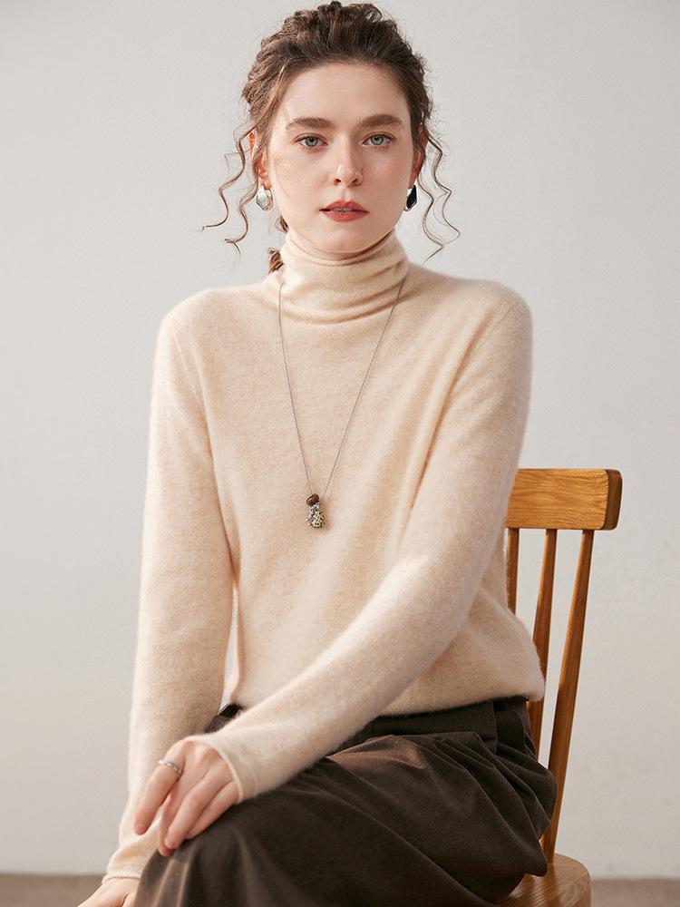 Women's Solid Color Cashmere Knit Sweater with Stacked Collar