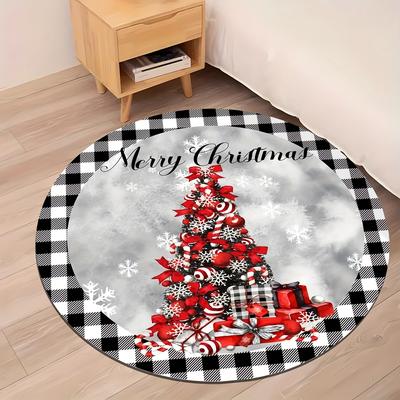 1Pcs  Snowflake Christmas Tree Pattern Round Area Rug Indoor Non-Slip Washable Fiber Carpet Soft Comfortable Mat For Bedroom Living Room