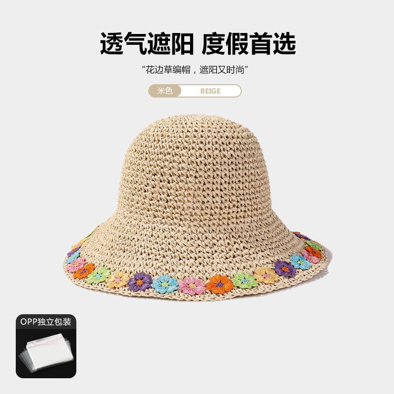 Pearl straw hat summer travel sunscreen sunshade bucket hat new straw seaside vacation net red hat
