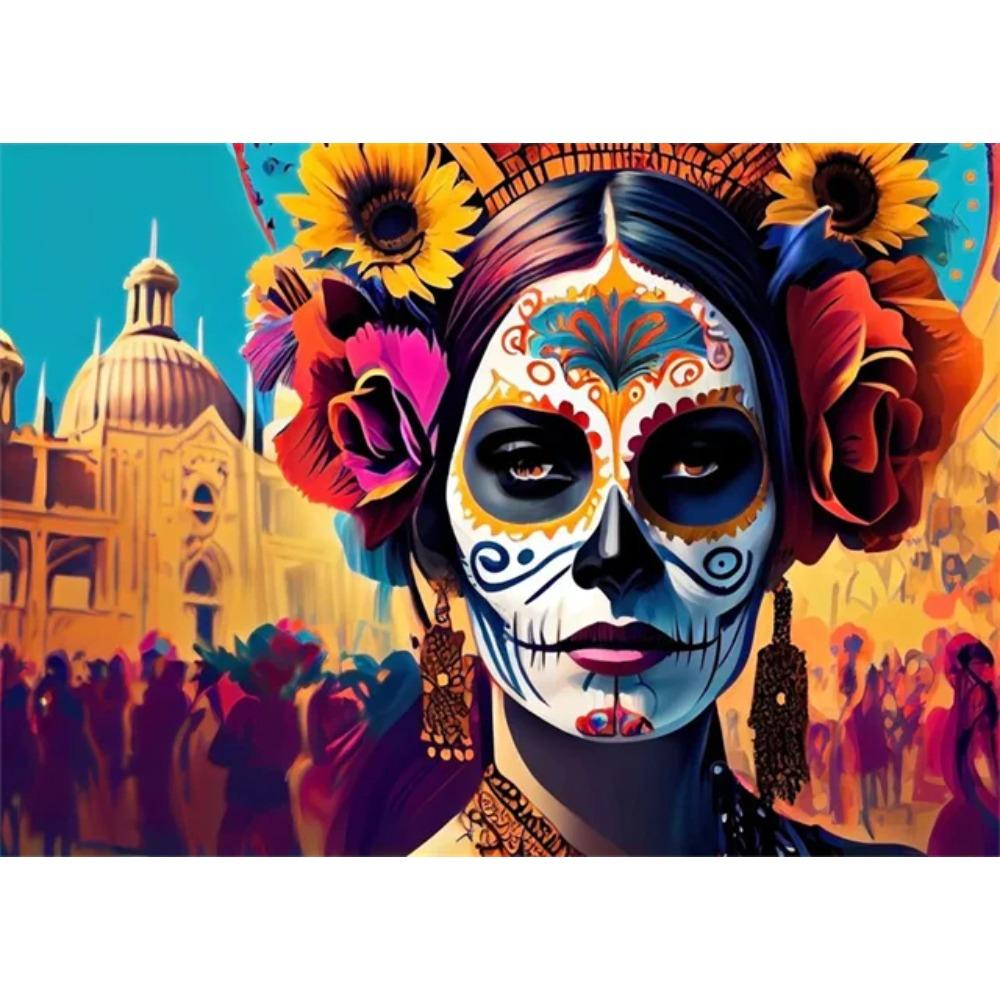 Festive and Mysterious Mexican Girl Day of Dead Gothic Sugar Skulls Canvas Painting Posters Prints Wall Art Picture Home Decor
