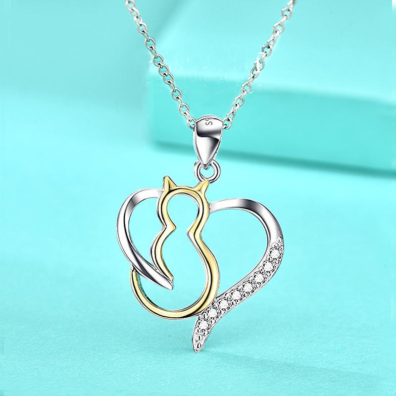 925 Sterling Silver Pendant Accessories Cute Love Cat Animal Diamond Necklace Jewelry
