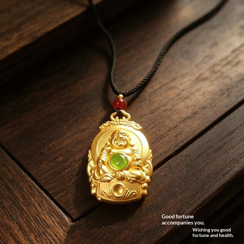 Zinc Alloy Pendant Necklace Auspicious Cloud Decor Border Laughing Monk Statue Charm Jewelry For Daily Wear Gift
