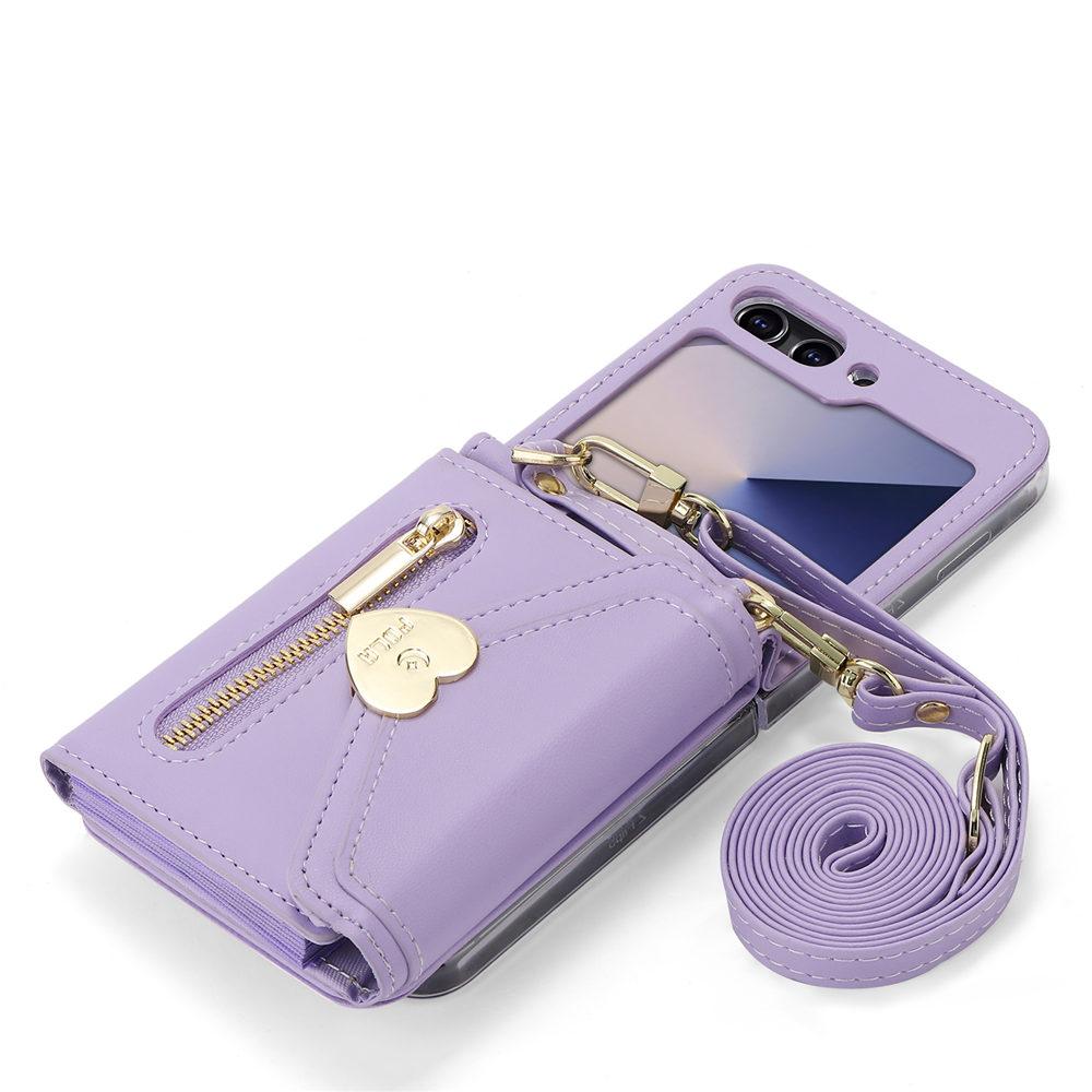 Love Heart Zipper Crossbody Wallet Leather Case For Samsung Galaxy Z Flip 6 Flip 5 4 3 Cards Holder Long Lanyard Cover