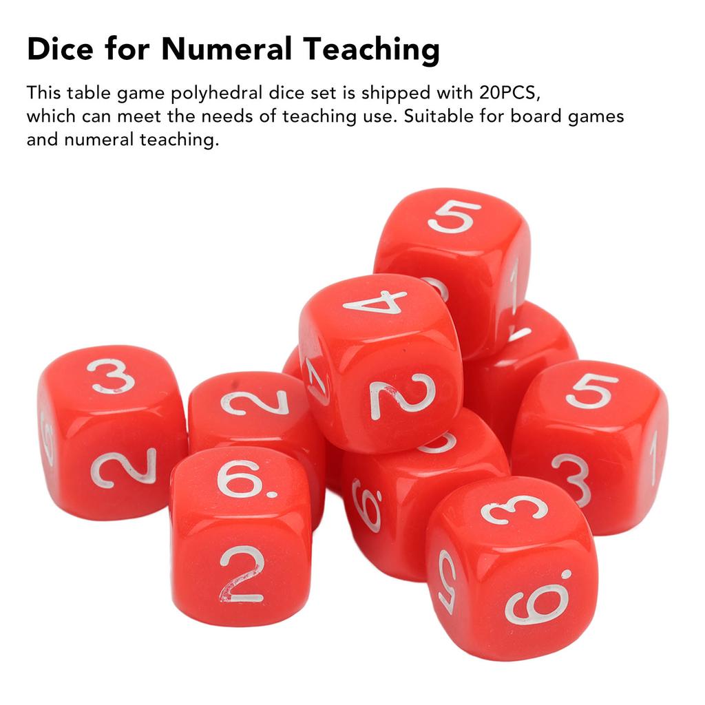 20PCS 6 Sided Number Dice Plastic 16mm Round Corner Polyhedral Dice Set for Numeral Teaching Board Games