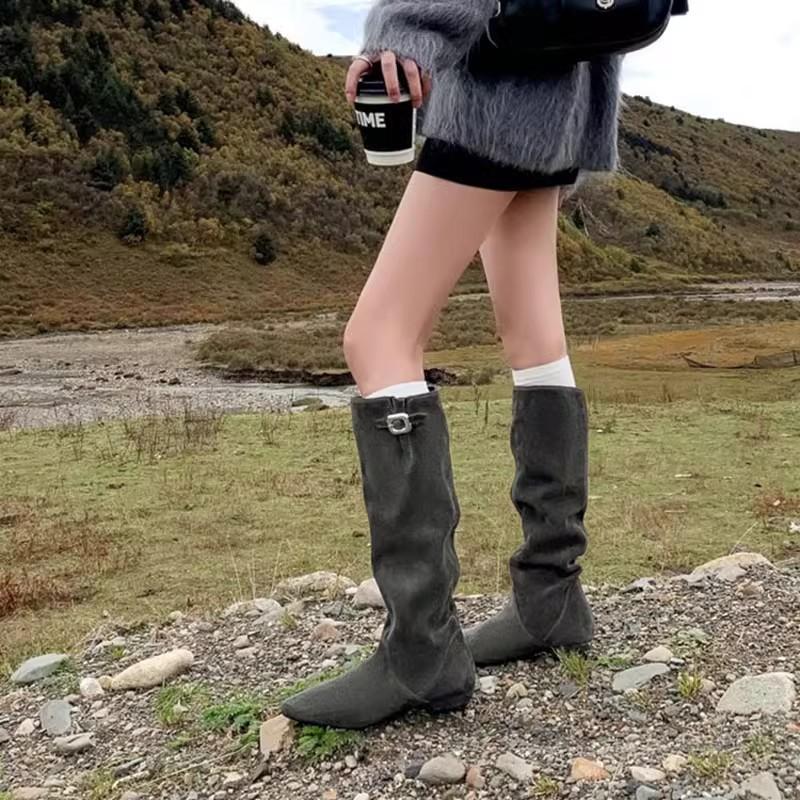 Vnitřní zvýšení výšky 6 cm retro špičatá přezka s westernovými kovbojskými botami dámské 2025 nové široké lýtko tenké hromádkové boty