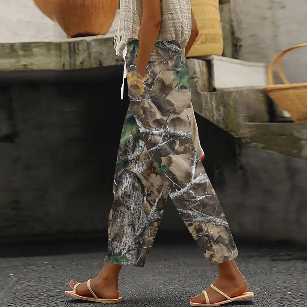 Women's fashion printed drawstring pocket elastic waist casual pants