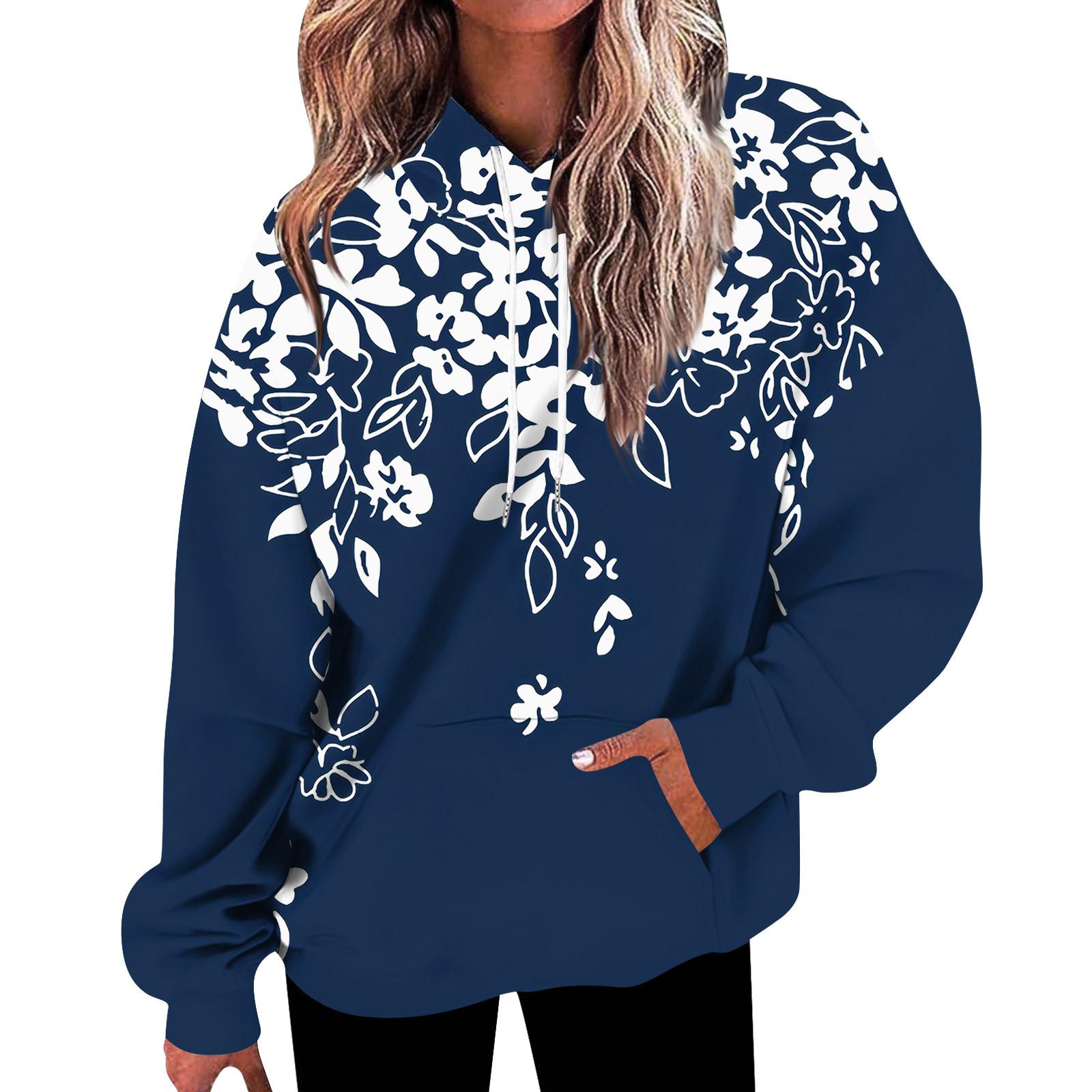 Женская мода, свободная повседневная толстовка с длинным рукавом и цветочным принтом, толстовка с принтом листьев, топ S