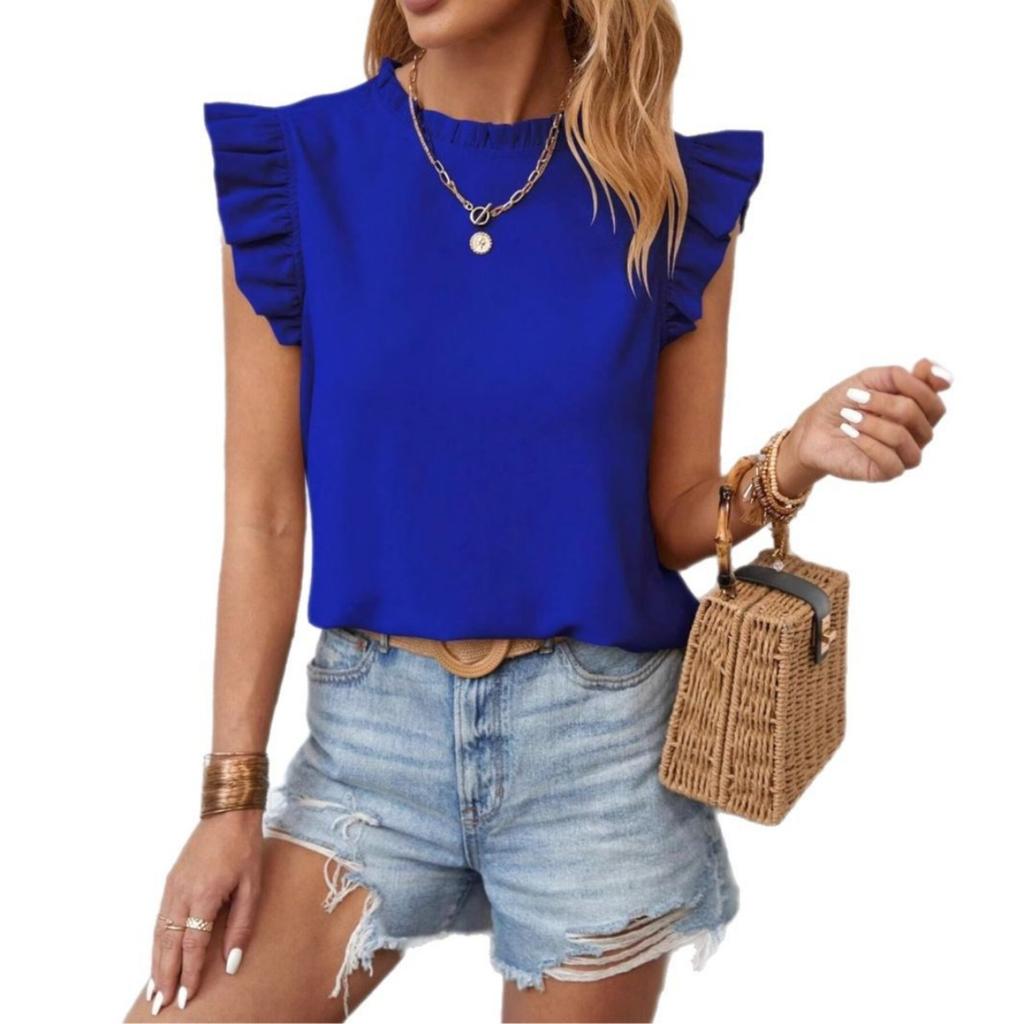 Women's Solid Sweet Crew NeckRuffled Sleeve Tank Top Summer European American Ladies Vest