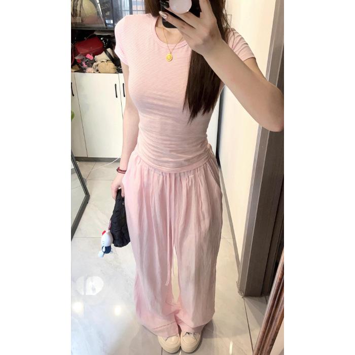 

Cotton Threaded G Maillard Coffee Striped Shoulder Short Sleeve T-Shirt Women s Slim Top XL рожевий