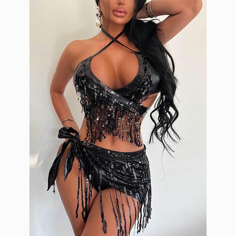 New Summer Solid Three Piece Set Swimsuit Women Bikini Shiny Sequins Sexy Tassel 3 Piece Suit Fashion Slim Fit Halter Swimsuits Bikini Set 24331