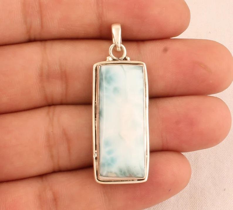 Комплект ювелирных изделий Ларимар, Ювелирные изделия из серебра 925 пробы, Ювелирные изделия ожерелья, Прямоугольные украшения, Ювелирные изделия ручной работы, Подарок для нее Only Pendant