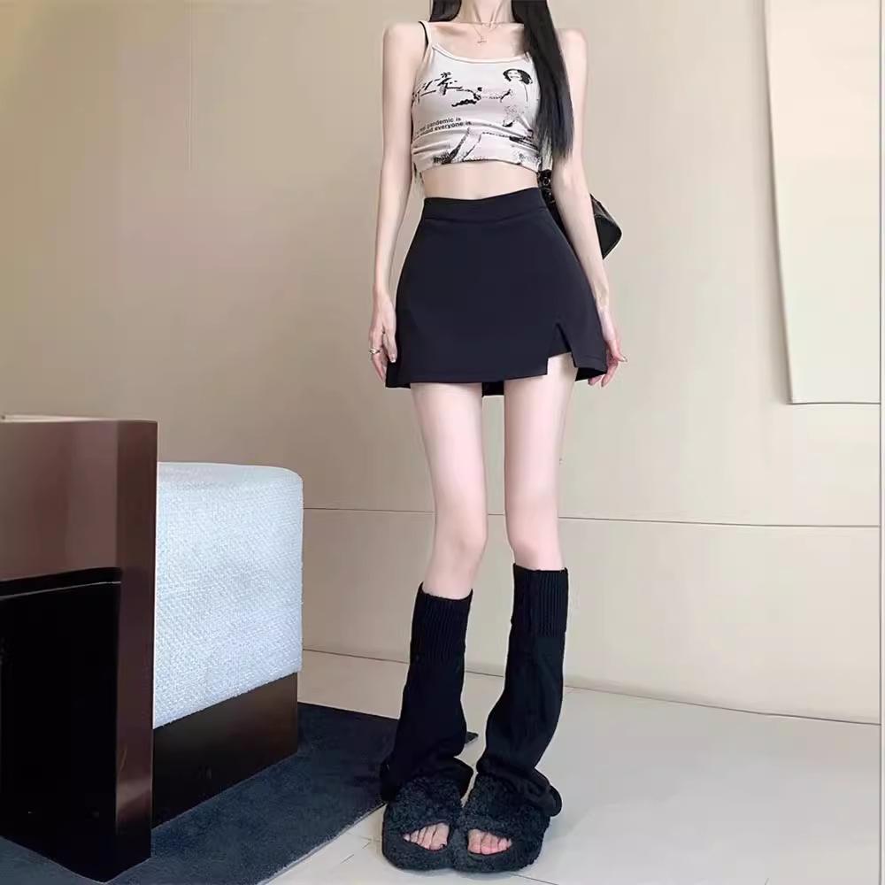 Spring 2024 Sexy Black High-Waisted Slit A-Line Skirt for Women