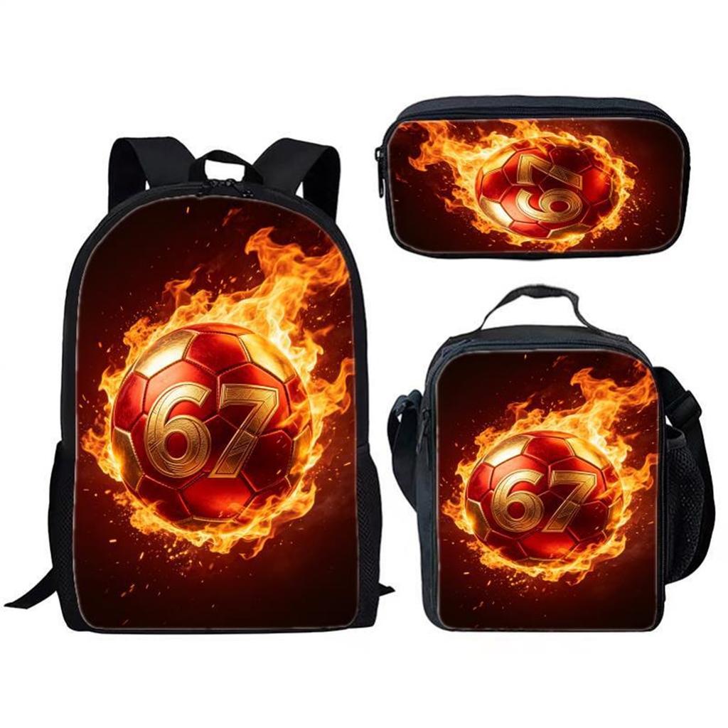 Three Piece Student Backpack Set Includes Backpack Lunch Bag Pencil Case Durable Material Suitable for School Use Sports Theme Design