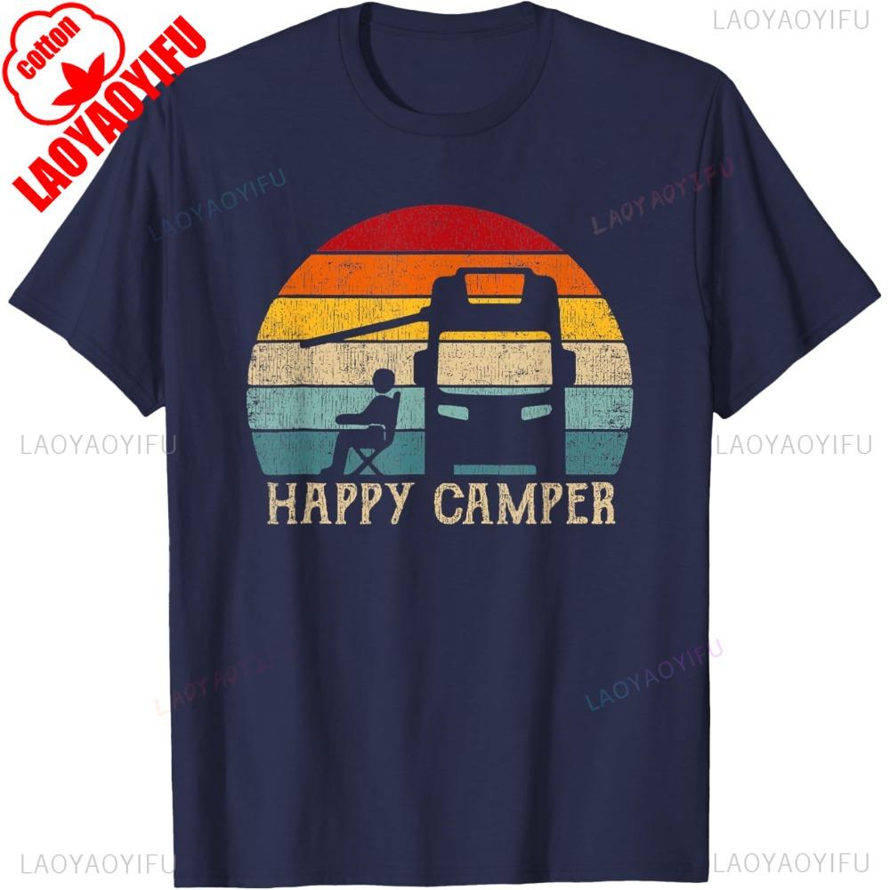 Happy Camper RV Camping Shirt Men Women Retro Sun 70s 80s TShirt Cotton Short Sleeve Casual Fashion Summer Style Man Tshirts