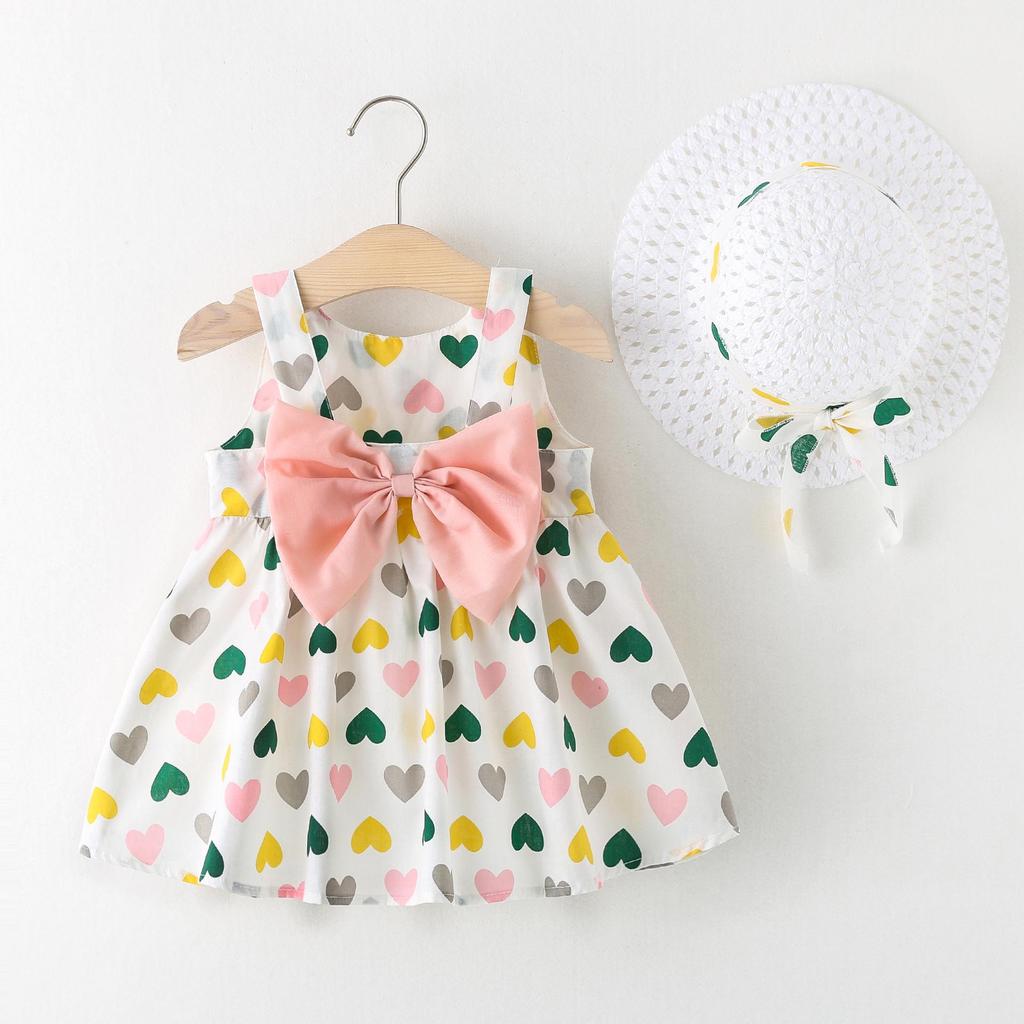A749 Summer Baby Girl Princess Dress with Big Bow & Flower Skirt, Includes Hat, for Ages 1-4