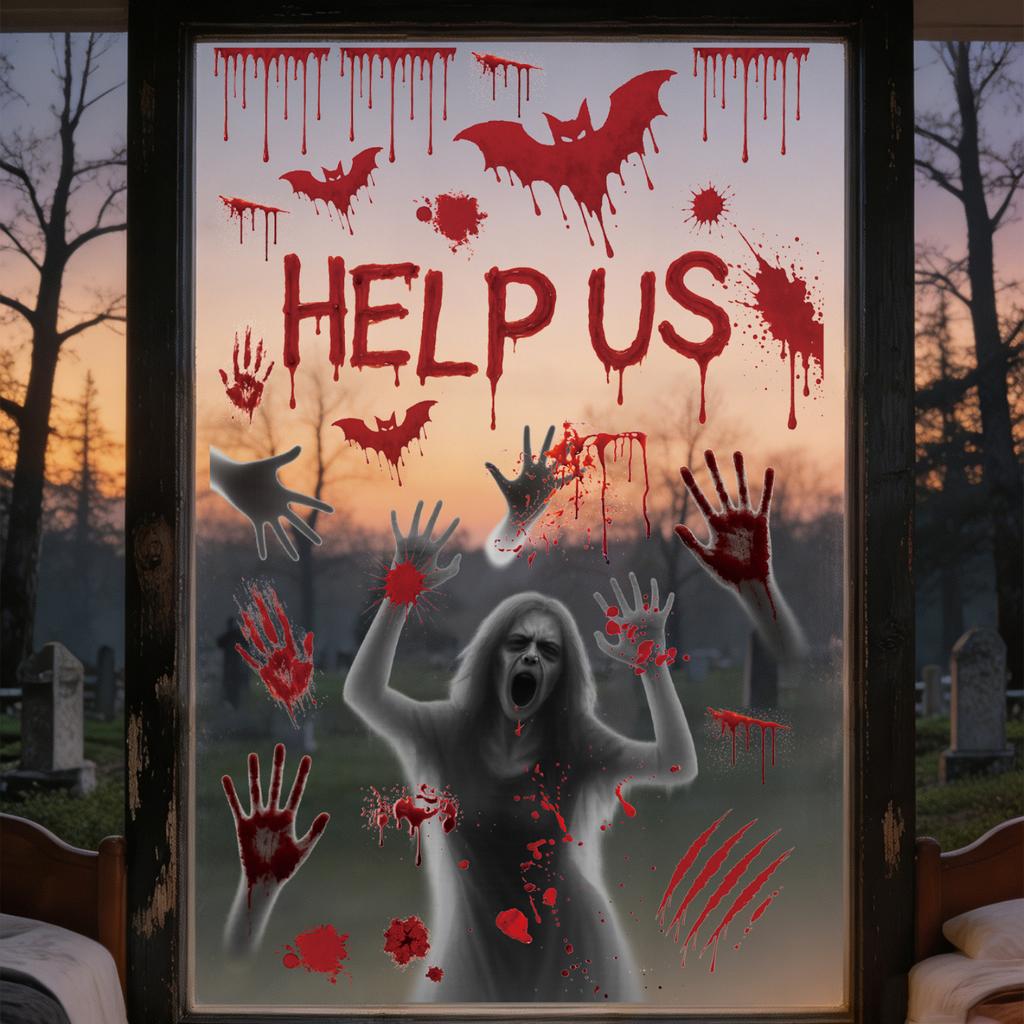 Halloween Electrostatic Window Clings with Scary, Bloody Handprint and Bloodstain Designs, Halloween Window Decals for Party Decorations