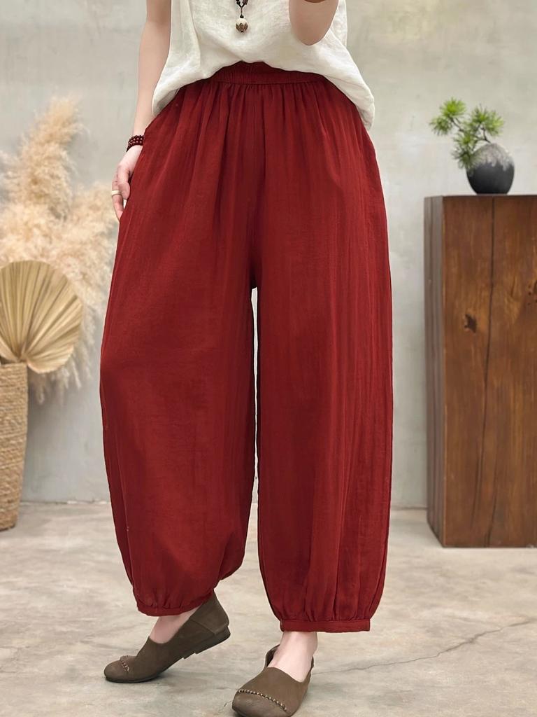Women's Elastic Waist Balloon Pants Loose Fit Japanese Style Double Gauze Cotton Nine Quarter Casual Trousers