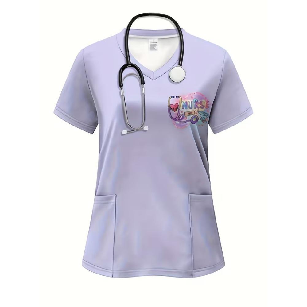 Surgical Gown Women's 3D Printed Nurse Top Summer Fashion V-tie Pocket Short Sleeved Women's Medical Gown