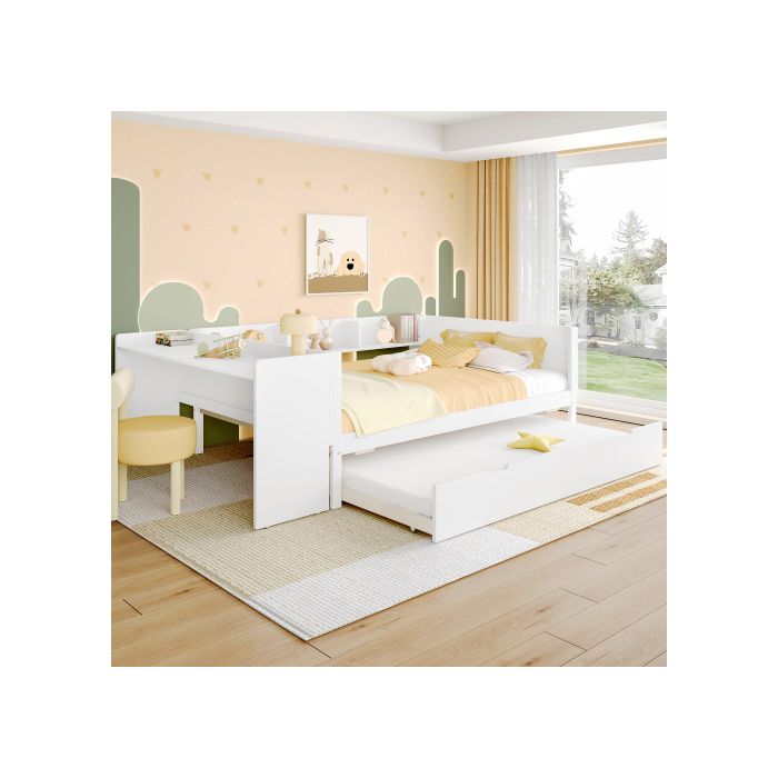 Lit double - MUVOE - 140x200cm - Bois massif - Bureau intégré - Étagères de rangement