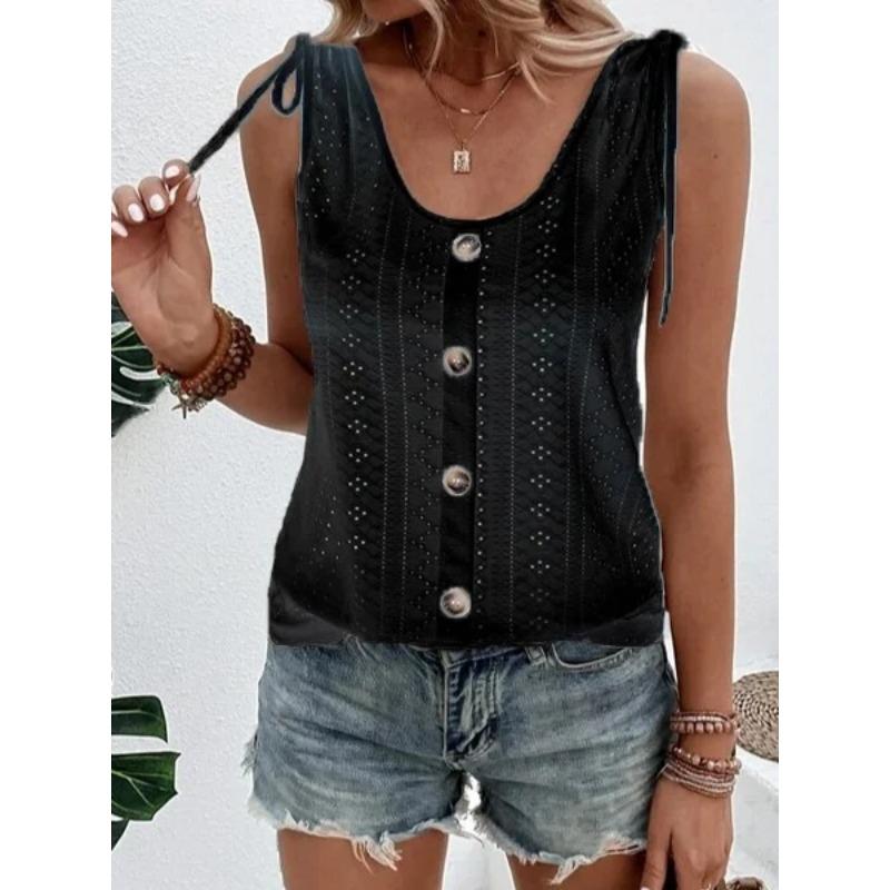 Summer Women's Vest Casual Round Neck Tie Button Tank Top Sleeveless Top