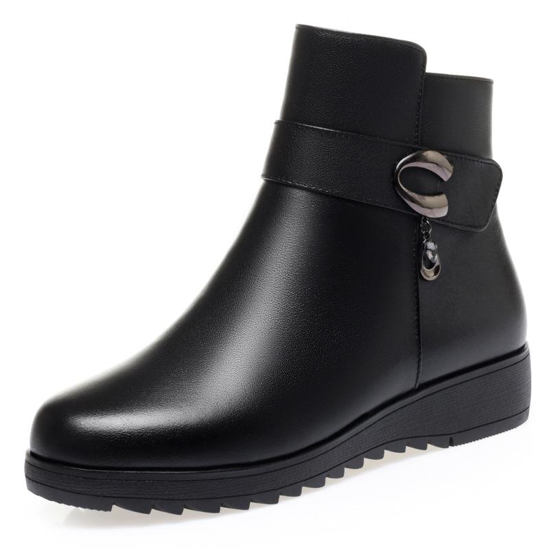 Fashion Genuine Leather Women Short Boots Thick Soled Wedges Ankle Boots Women's Winter Cotton Shoes Female Wool Warm Snow Boots 35-43