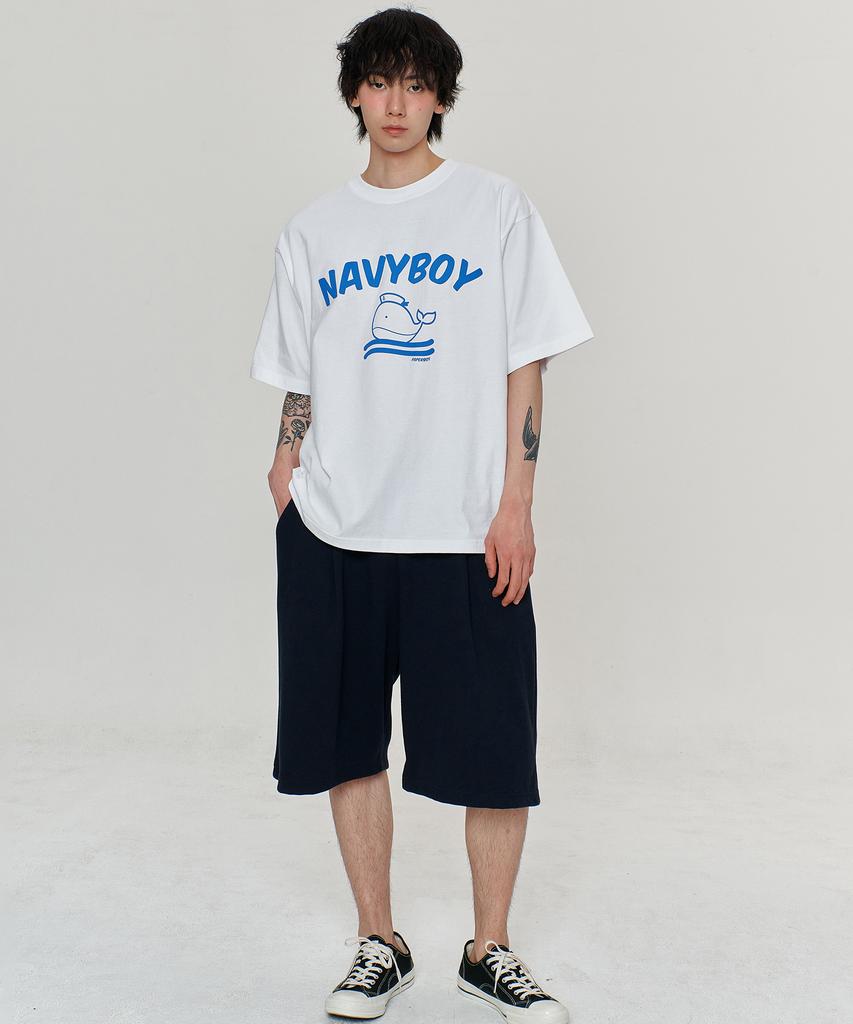 PAPERBOY [Set] Navy Boy Short Sleeve Half Pants Set-White Melange