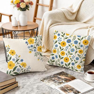 Gelb Blau Wildblumen Kissenbezug Langlebig Hypoallergen Bio-Leinen Kissenbezug Waschbar