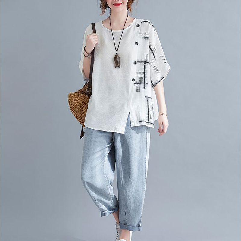 Sommar Oversize Bomull Hampa T-shirts Dam Rund Hals Kort Ärm Asymmetriska Enfärgade Pullovrar Mode Allmatch Toppar