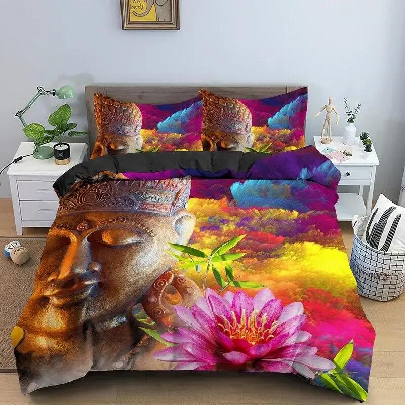 Buddha Duvet Cover Set Microfiber Buddha Statue Exotic Ethnic Bohemian Bedding Set for Buddhist Devotees Double Queen King Size