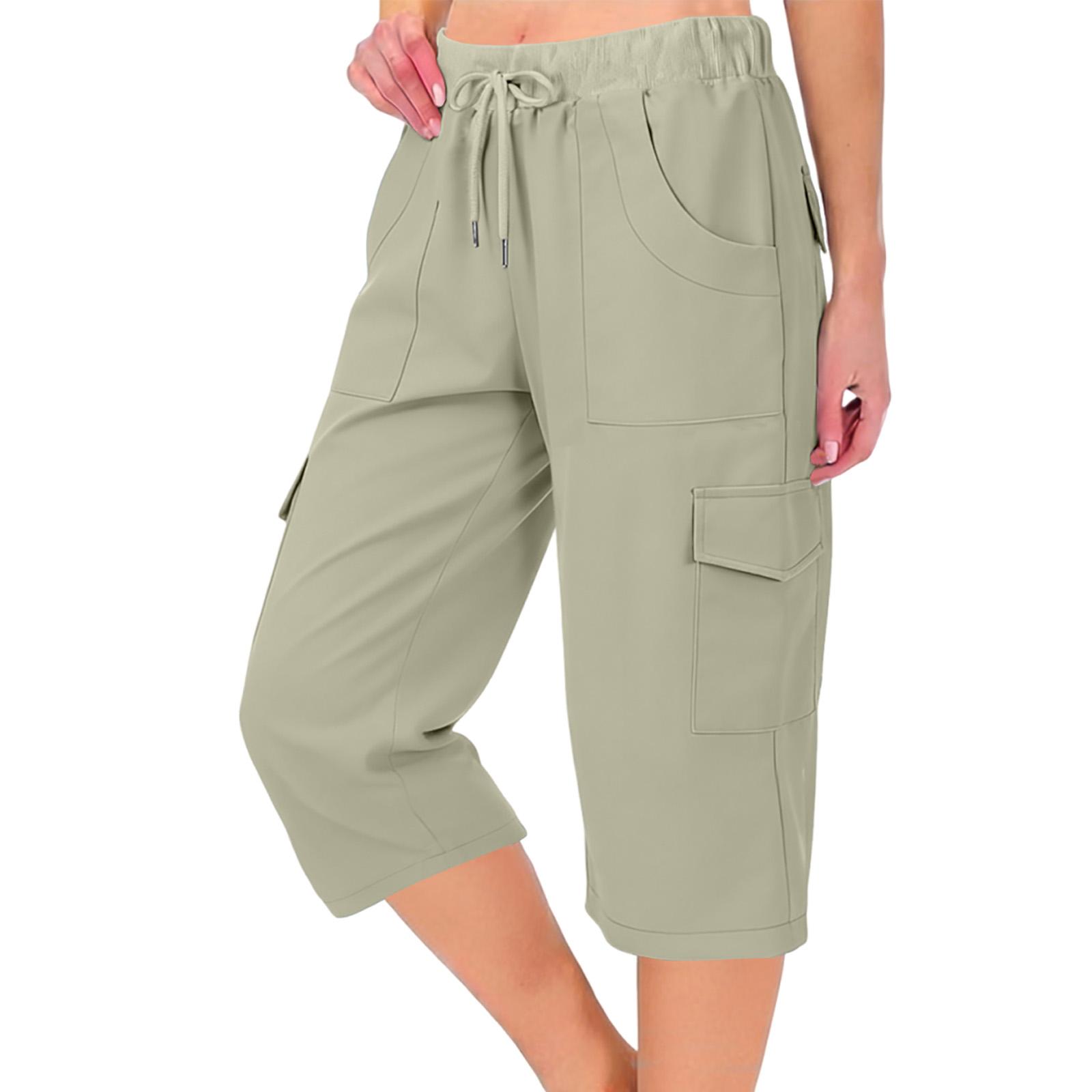 

Women s Cotton Cargo Pants, Baggy Casual Lightweight Elastic Waist Trousers With Pockets For Hiking And Everyday Wear L бежевый