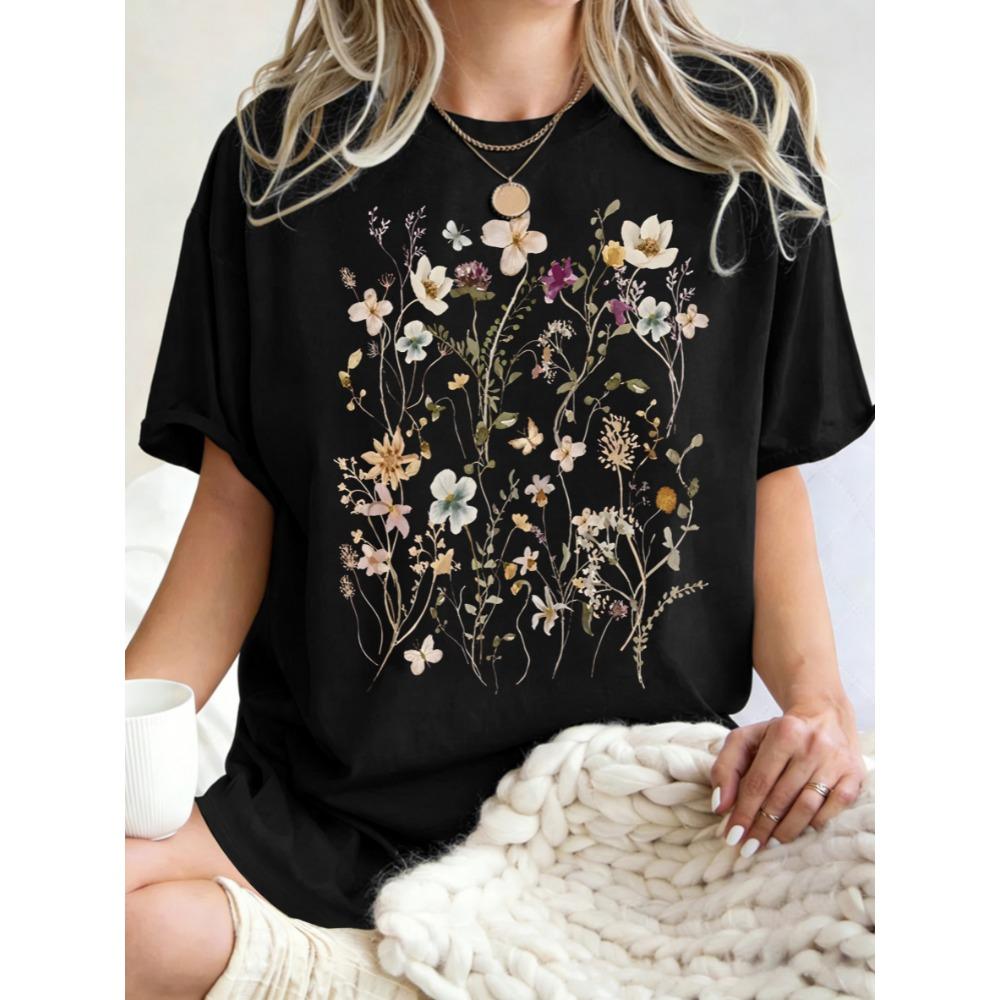 Beautiful Flower Clusters Printing Woman T-Shirt Summer Oversized Short Sleeve O-Neck Cotton T Shirts Y2K Women Sports Tops