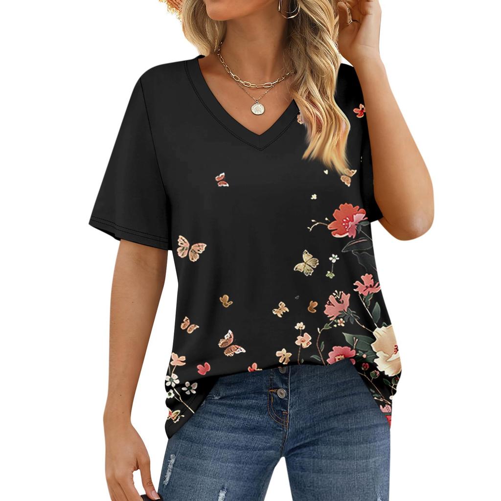 Women's T-Shirt V Neck Short Sleeve Print Casual Loose T-Shirt Top