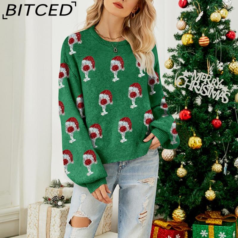 BITCED Fall/Winter Women's Pink Bubble Sleeve Pullover Christmas Sweater