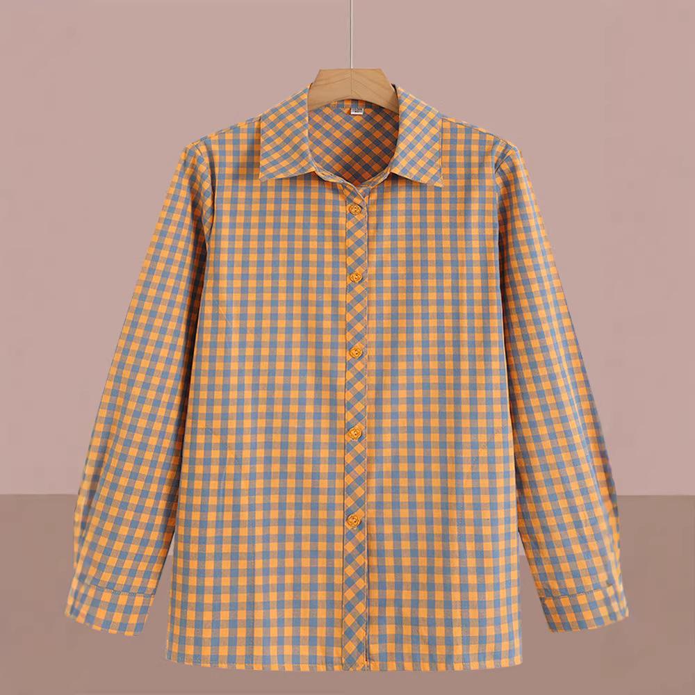 Elegant Plaid Long-Sleeve Shirt for Women Aged 50-60