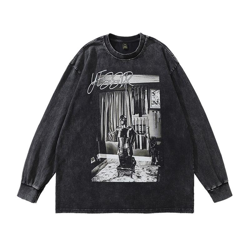 

American High Street Trendy Brand Printing Casual Bottoming Top Hip-Hop Retro Washed Old Long-Sleeved T-Shirt For Men And Women XXL