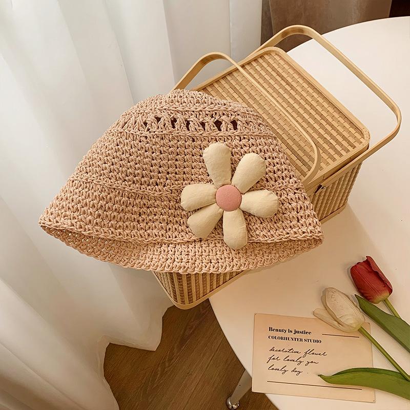 New Short Brim Sun Hat Women's Summer Handmade Straw Hat Sunscreen Small Flowers Cute Bucket Hat Tide
