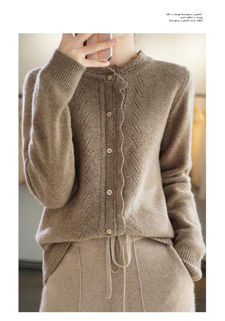 Women's Hollow Lace Wool Cardigan - Half-High Neck, Long Sleeve, Thick Autumn/Winter Style, Versatile, Fashionable Top