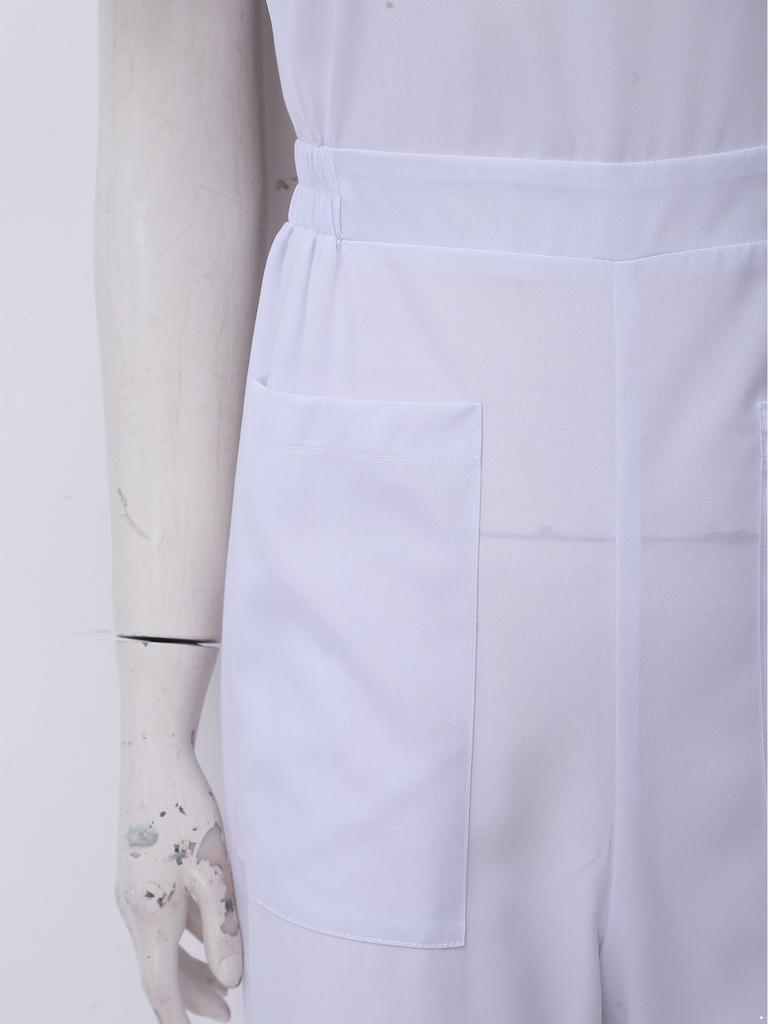 Women Scrubs Rompers Short Sleeve Front Big Patch Pockets Back Zipper Straight Wide Leg Jumpsuit Workwear for Doctor Nurse Medical Staff