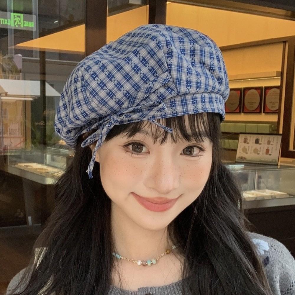Korean Style Plaid Beret Hat Keep Warm Women Octagonal Cap Simple Women Painter Hat  All-match