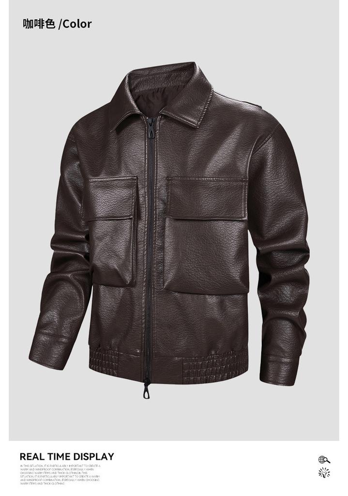 Men's American trendy leather jacket fleece thickened thermal leather jacket multi-pocket PU locomotive jacket