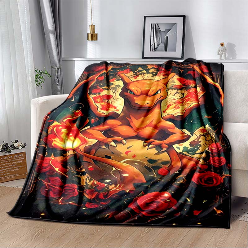 3D-Printed Cute Cartoon Charizard Blanket — Fluffy, Soft, and Warm Throw for Bedroom Decor and Home Comfort