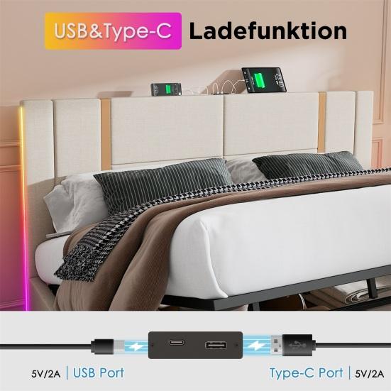Linen Cover Charging Function Bed with Storage Space Mattress Headboard App Control Strong Wood Slat Support Bed Bedroom Furniture