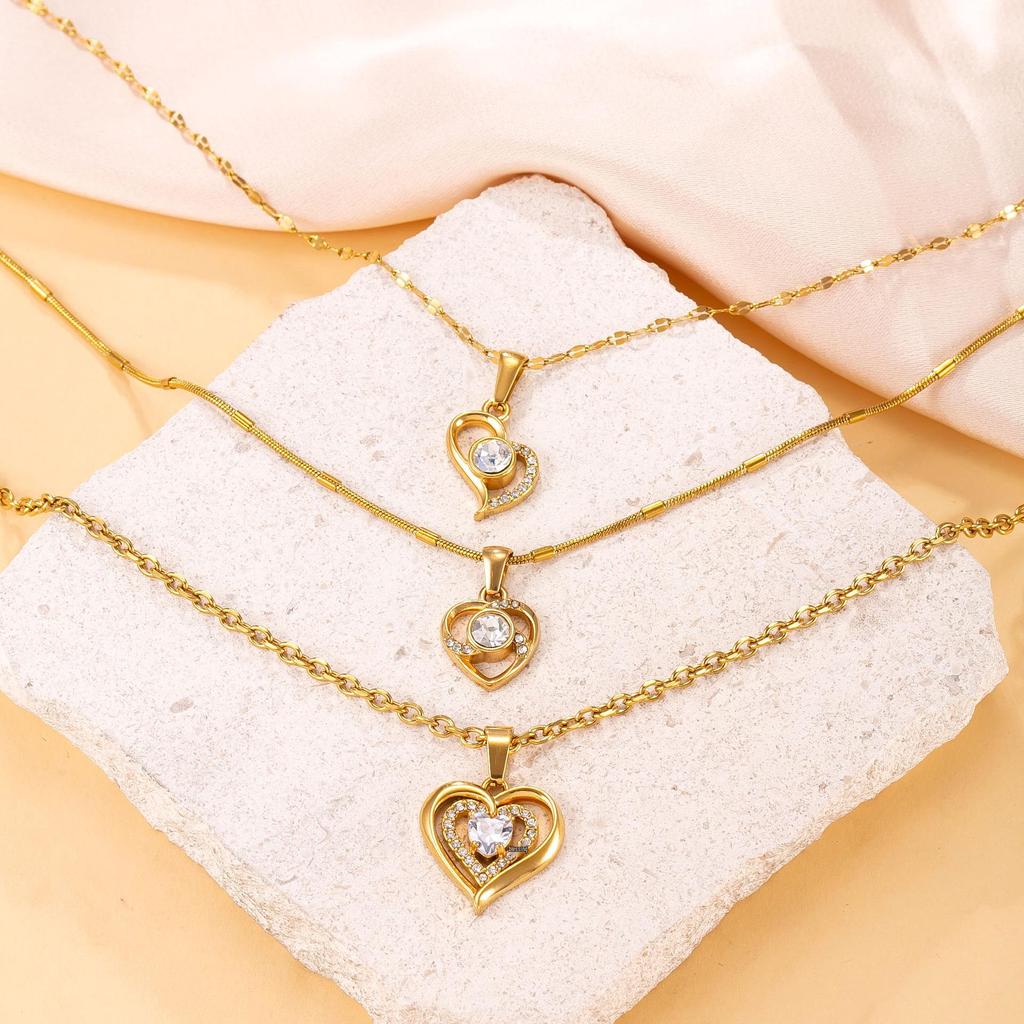 18K Gold Plated Heart Pendant Necklace with Diamonds, Stainless Steel, Colorfast Jewelry