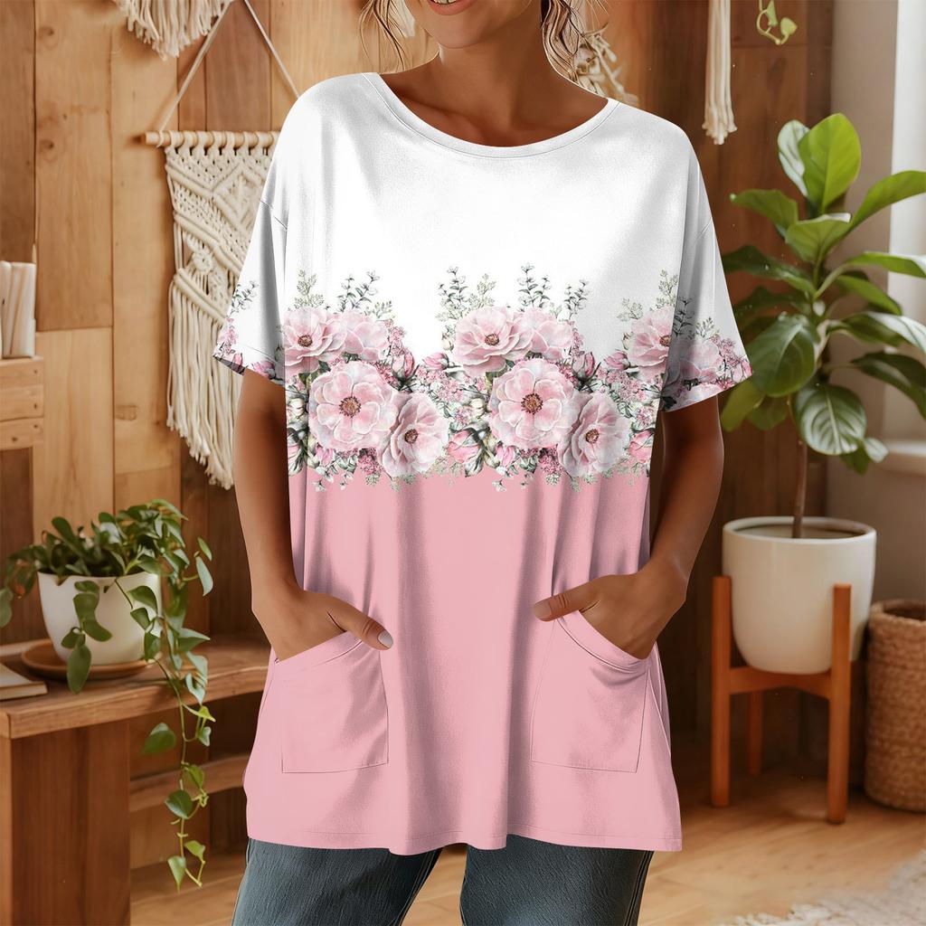 Top casual da donna alla moda a maniche corte con stampa floreale