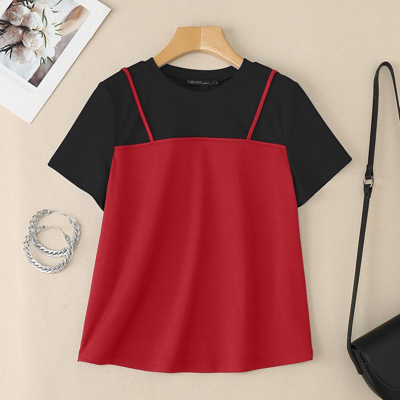 

ZANZEA Женская повседневная футболка с круглым вырезом, пэчворком и короткими рукавами 3XL красный