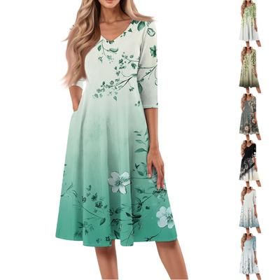 Women's Casual Fashion V Neck Three Quarter Sleeve Print Midi Dress