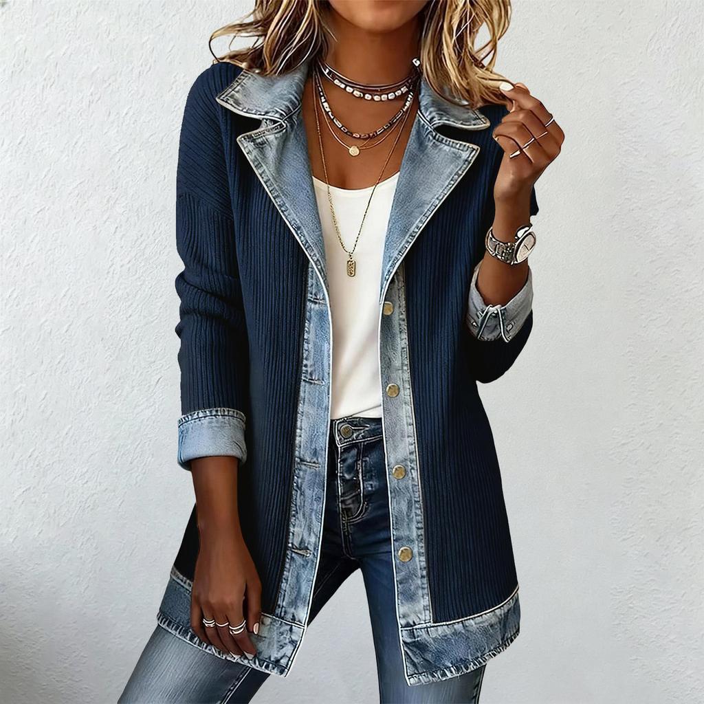 Jachetă tricotată patchwork din denim pentru femei, cu guler rever, pentru ținute casual