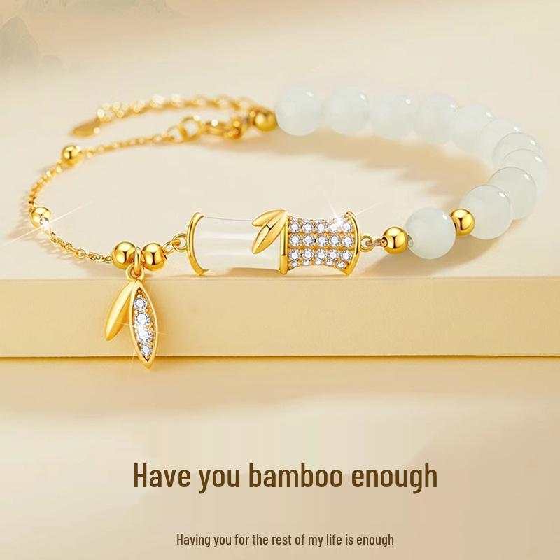Bamboo Hetian Jade Sterling Silver Bracelet for Women – Elegant Beaded Christmas Gift